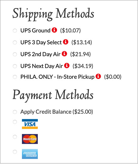 Example: Shipping Methods / Payment Methods screen